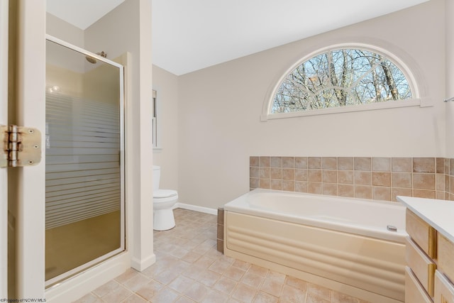 full bathroom featuring a healthy amount of sunlight, a shower stall, toilet, and a garden tub