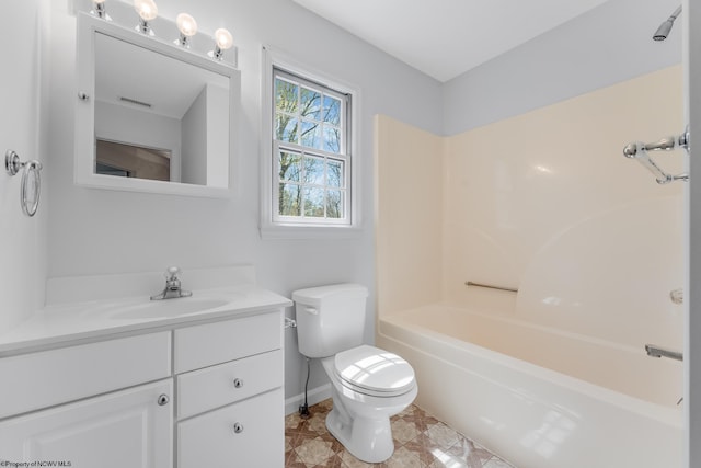 bathroom with visible vents, vanity, baseboards, toilet, and tub / shower combination