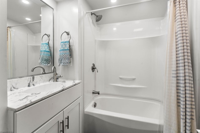 full bathroom featuring vanity, recessed lighting, and shower / bath combination with curtain