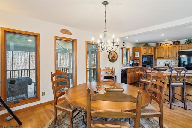 1405 Cabin Mountain Rd, Davis, WV 26260 - dining area featuring recessed lighting, baseboards, an inviting chandelier, and light wood finished floors