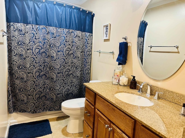 bathroom with vanity, ornamental molding, curtained shower, toilet, and tile patterned floors
