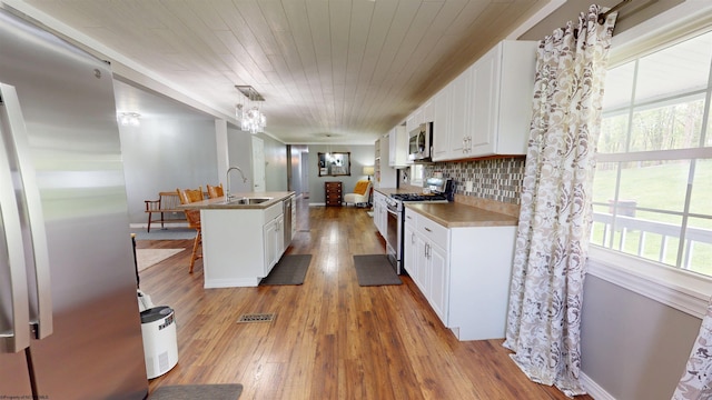 kitchen with wood-type flooring, decorative backsplash, white cabinetry, a sink, and appliances with stainless steel finishes