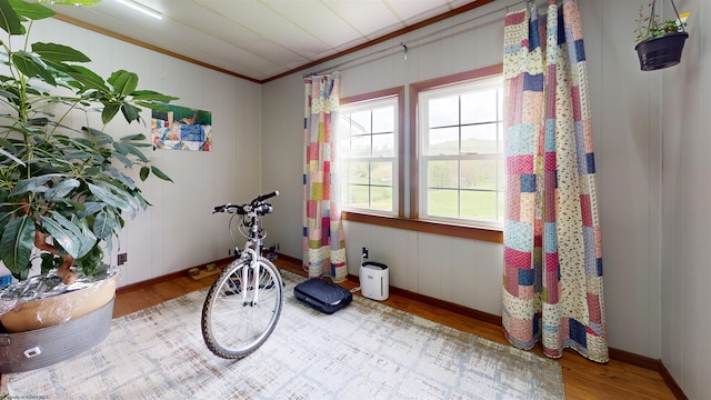 playroom with baseboards, crown molding, a decorative wall, and wood finished floors