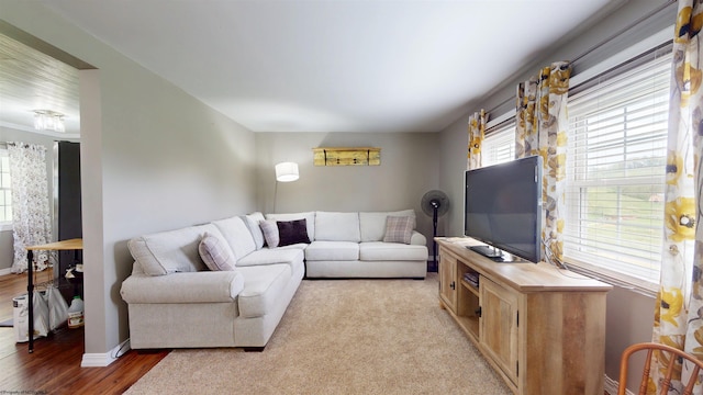 living area featuring baseboards and light wood finished floors