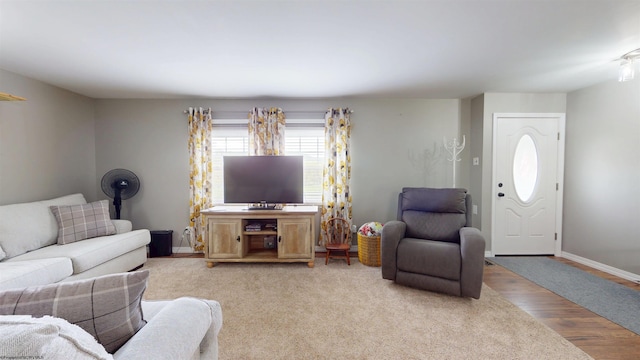 living area with baseboards and wood finished floors