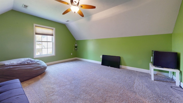 7 Mayberry Dr, Fairmont, WV 26554 - living area featuring ceiling fan, visible vents, baseboards, lofted ceiling, and carpet flooring