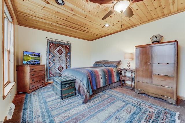 bedroom with crown molding, ceiling fan, recessed lighting, visible vents, and wood ceiling