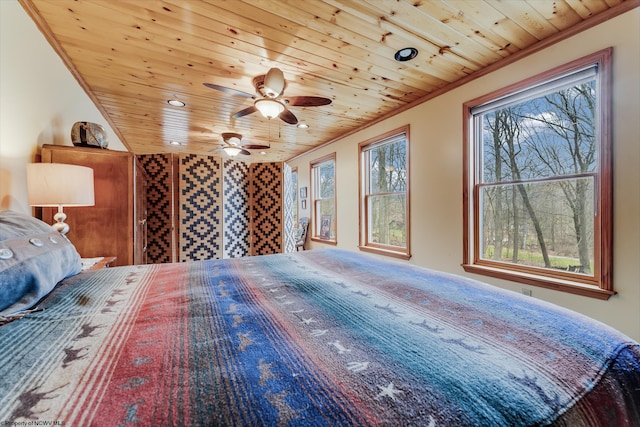 bedroom with recessed lighting, a ceiling fan, and wooden ceiling