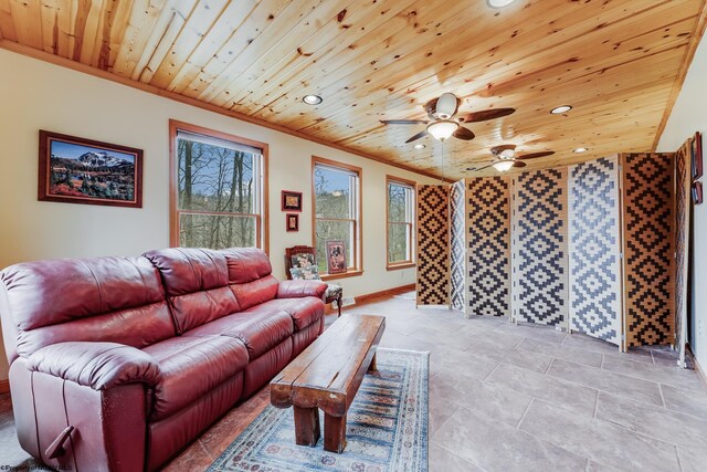living room with crown molding, ceiling fan, and wooden ceiling