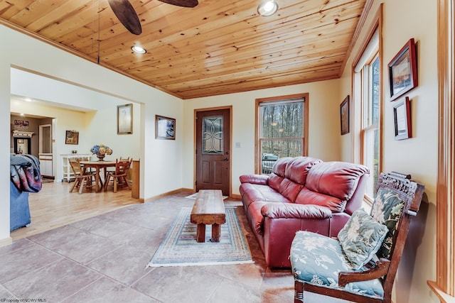 tiled living area with wood ceiling, baseboards, a ceiling fan, and recessed lighting