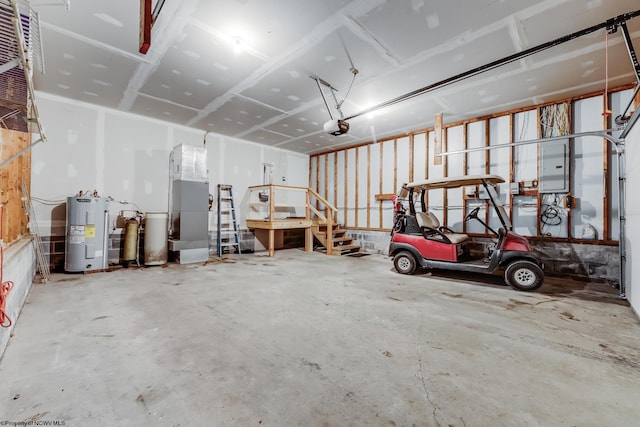 garage featuring heating unit, a garage door opener, electric panel, and electric water heater
