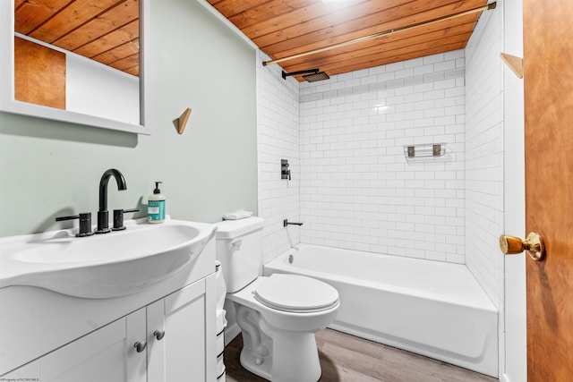 full bathroom featuring vanity, shower / bathtub combination, wood finished floors, toilet, and wood ceiling