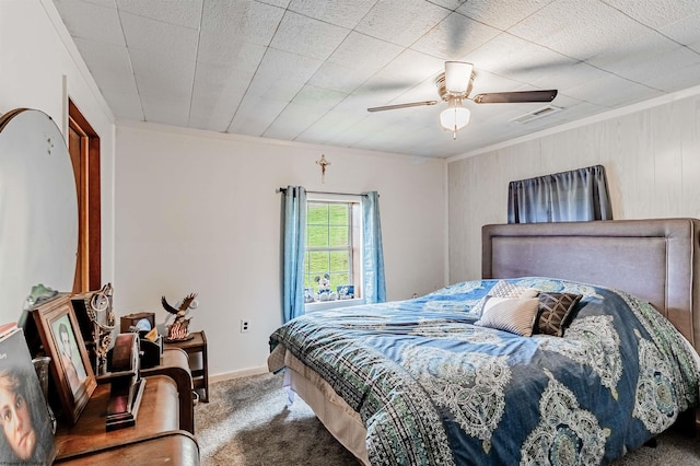 200 Rosedale Hill Rd, Maidsville, WV 26541 - bedroom featuring carpet flooring, ceiling fan, baseboards, visible vents, and ornamental molding