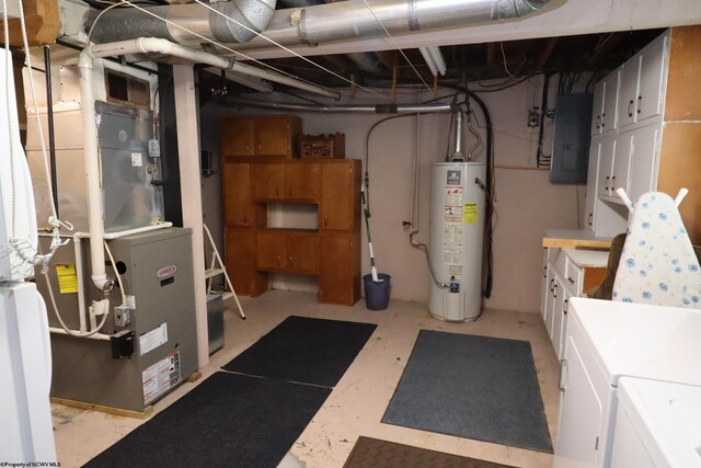 utility room with washer and dryer, heating unit, water heater, and electric panel
