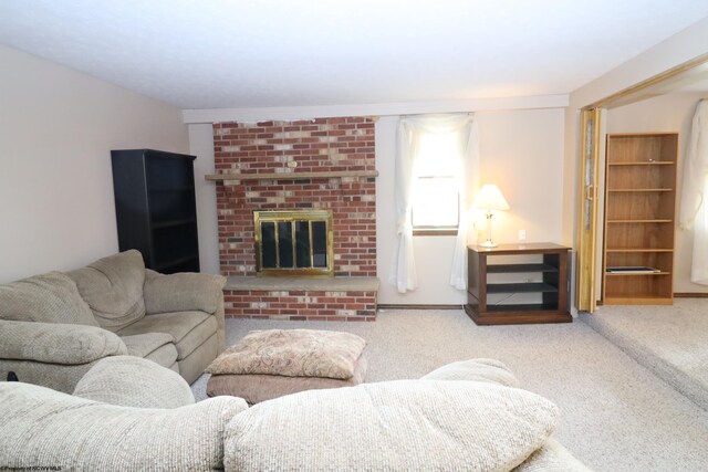 carpeted living area featuring a fireplace
