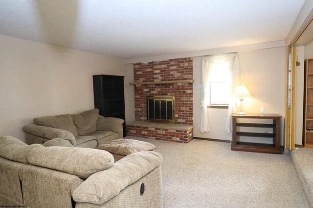 carpeted living room featuring a fireplace