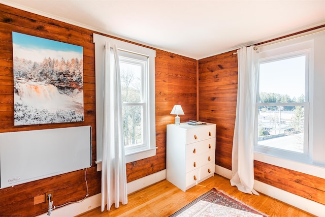 interior space with wood walls, multiple windows, and light wood-style flooring