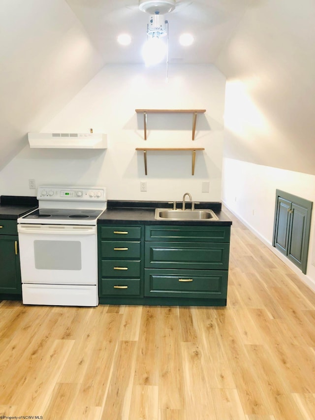 kitchen featuring open shelves, a sink, white range with electric cooktop, under cabinet range hood, and green cabinets