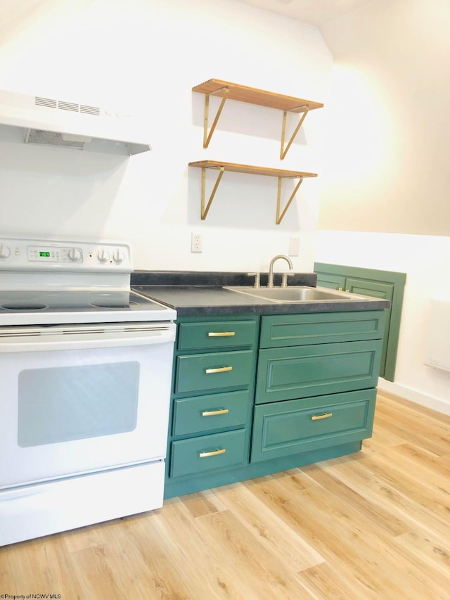 kitchen featuring light wood-type flooring, under cabinet range hood, a sink, white electric stove, and green cabinets