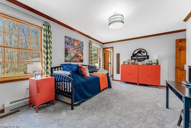bedroom featuring visible vents, baseboard heating, carpet floors, baseboards, and ornamental molding