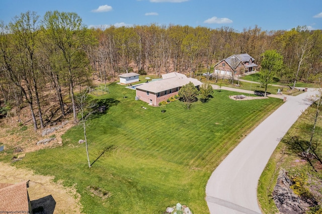 birds eye view of property featuring a view of trees
