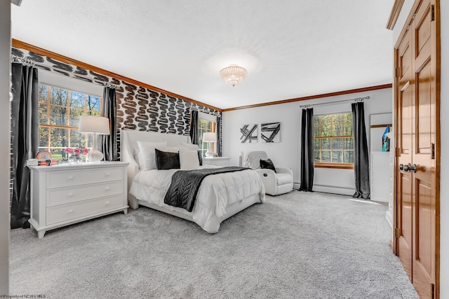 bedroom featuring light colored carpet, ornamental molding, and multiple windows