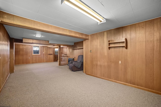 basement featuring wood walls and carpet flooring