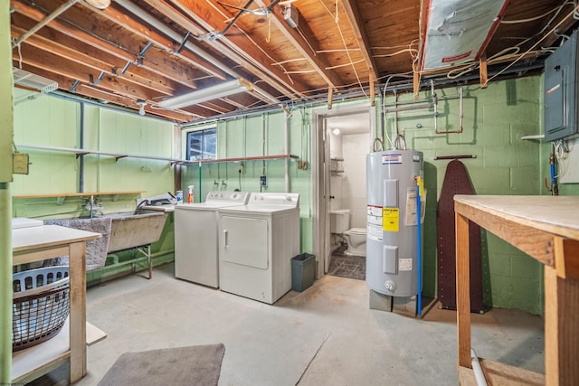 unfinished basement with a workshop area, washing machine and dryer, electric panel, and electric water heater