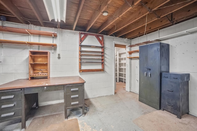 unfinished below grade area featuring concrete block wall and a workshop area