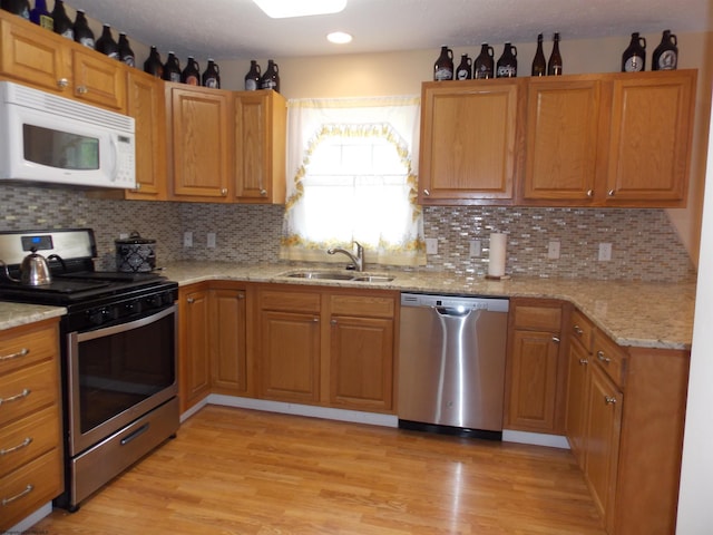 260 Donna Ave, Morgantown, WV 26505 - kitchen featuring backsplash, appliances with stainless steel finishes, a sink, and light wood-type flooring