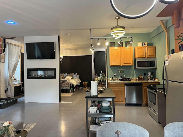 kitchen featuring stainless steel appliances, a glass covered fireplace, and a sink