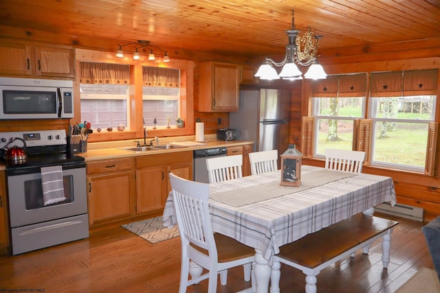 kitchen featuring light wood finished floors, a sink, appliances with stainless steel finishes, wooden ceiling, and a baseboard radiator