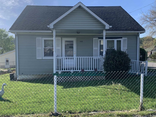 108 4th St, Spelter, WV 26438 - bungalow featuring covered porch, a shingled roof, fence private yard, and a front yard