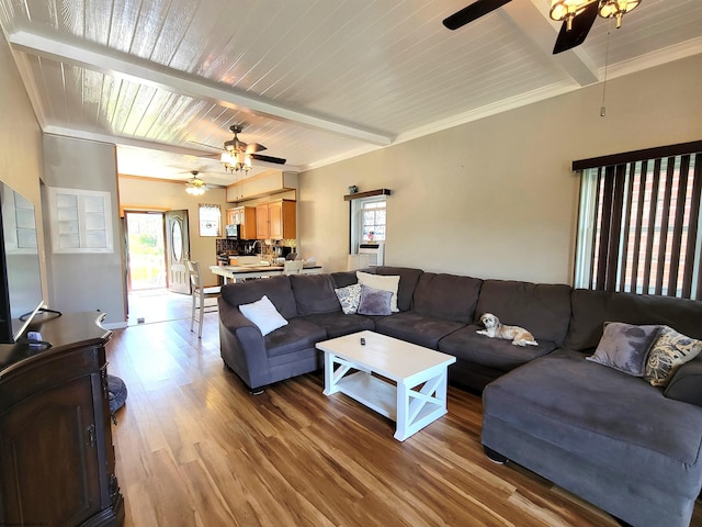 living area featuring beamed ceiling, a healthy amount of sunlight, and ceiling fan