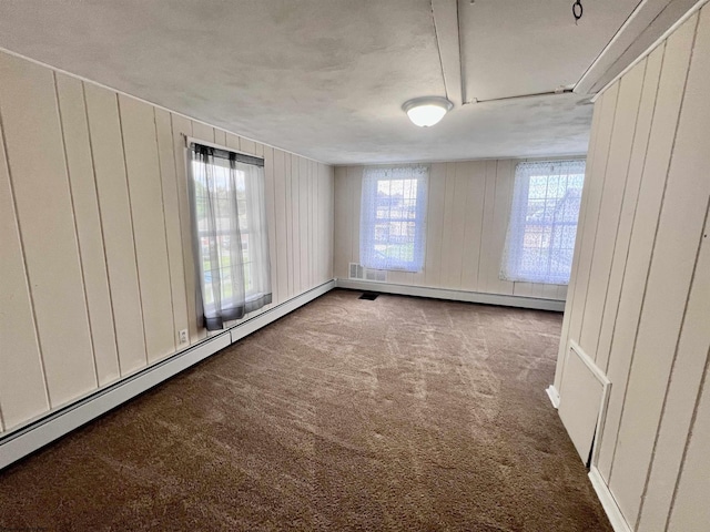 spare room with baseboard heating, wood walls, and carpet floors