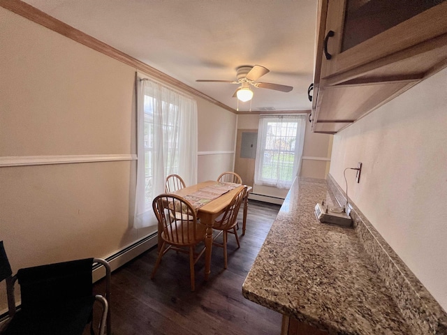 dining space featuring electric panel, dark wood finished floors, a baseboard radiator, crown molding, and ceiling fan