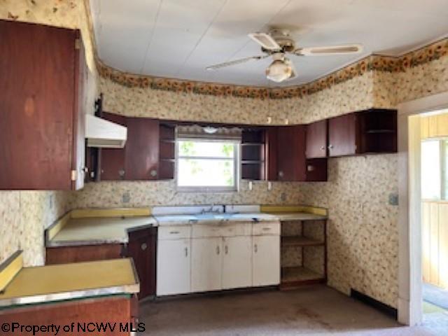 530 Newton St, Fairmont, WV 26554 - kitchen with ventilation hood, open shelves, ceiling fan, and plenty of natural light