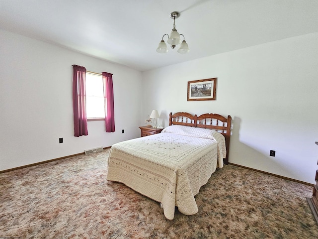 1368 Red Lick Run, New Milton, WV 26411 - bedroom with baseboards, a chandelier, visible vents, and carpet floors