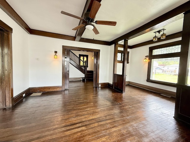 108 Marshall St, Mannington, WV 26582 - unfurnished living room with wood-type flooring, baseboards, stairway, and ceiling fan