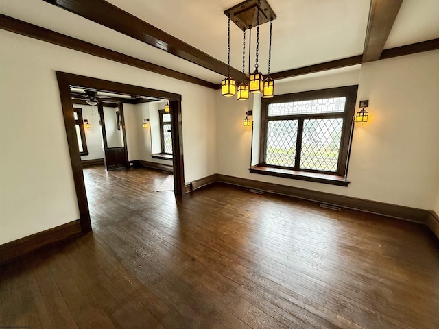 108 Marshall St, Mannington, WV 26582 - spare room featuring beam ceiling, a ceiling fan, baseboards, and dark wood finished floors