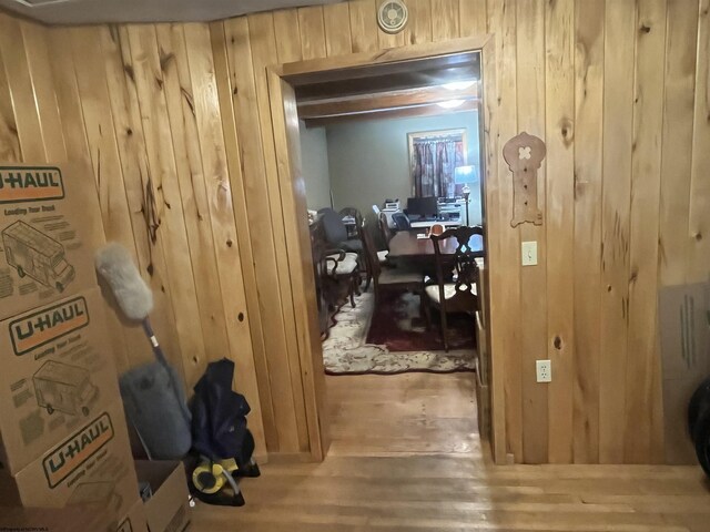 36 3rd St, Durbin, WV 26264 - corridor with wood walls, wood finished floors, and a desk