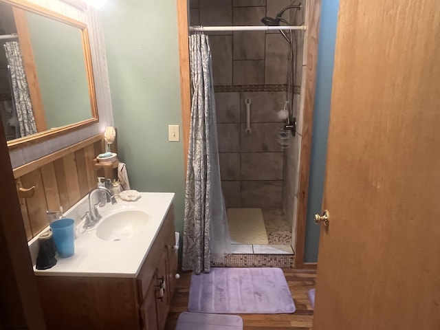 36 3rd St, Durbin, WV 26264 - bathroom with a stall shower, vanity, and wood finished floors