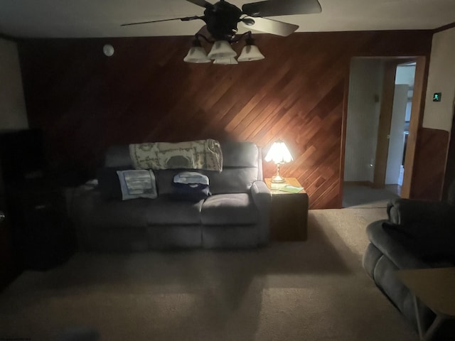 36 3rd St, Durbin, WV 26264 - living room featuring ceiling fan, wooden walls, and carpet flooring