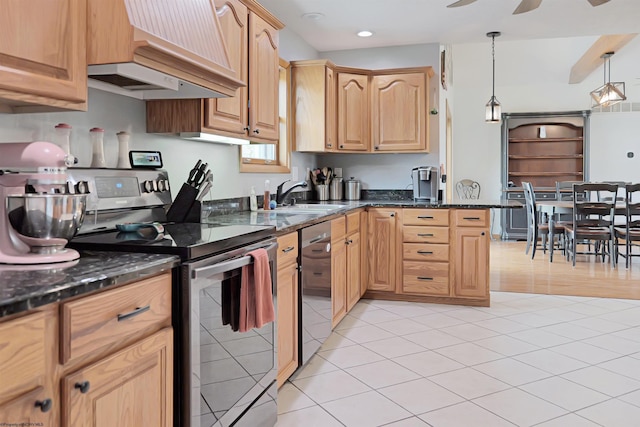 16 Cardinal Ln, Terra Alta, WV 26764 - kitchen with premium range hood, stainless steel appliances, a sink, dark stone counters, and hanging light fixtures