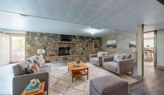 living room featuring wood finished floors and a stone fireplace