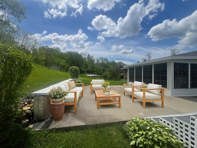 view of patio / terrace featuring outdoor lounge area and a sunroom