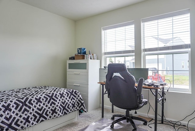 bedroom featuring carpet flooring and an office area