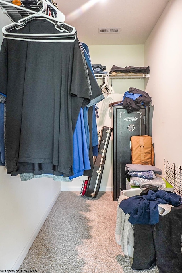 walk in closet with carpet flooring