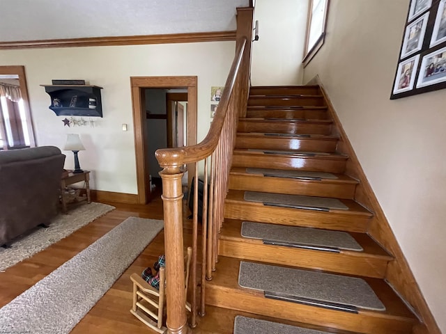 155 E St, Masontown, WV 26542 - staircase with wood finished floors, ornamental molding, and baseboards