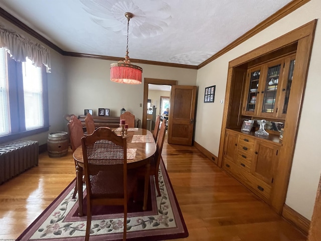 155 E St, Masontown, WV 26542 - dining area with radiator heating unit, wood finished floors, baseboards, and ornamental molding
